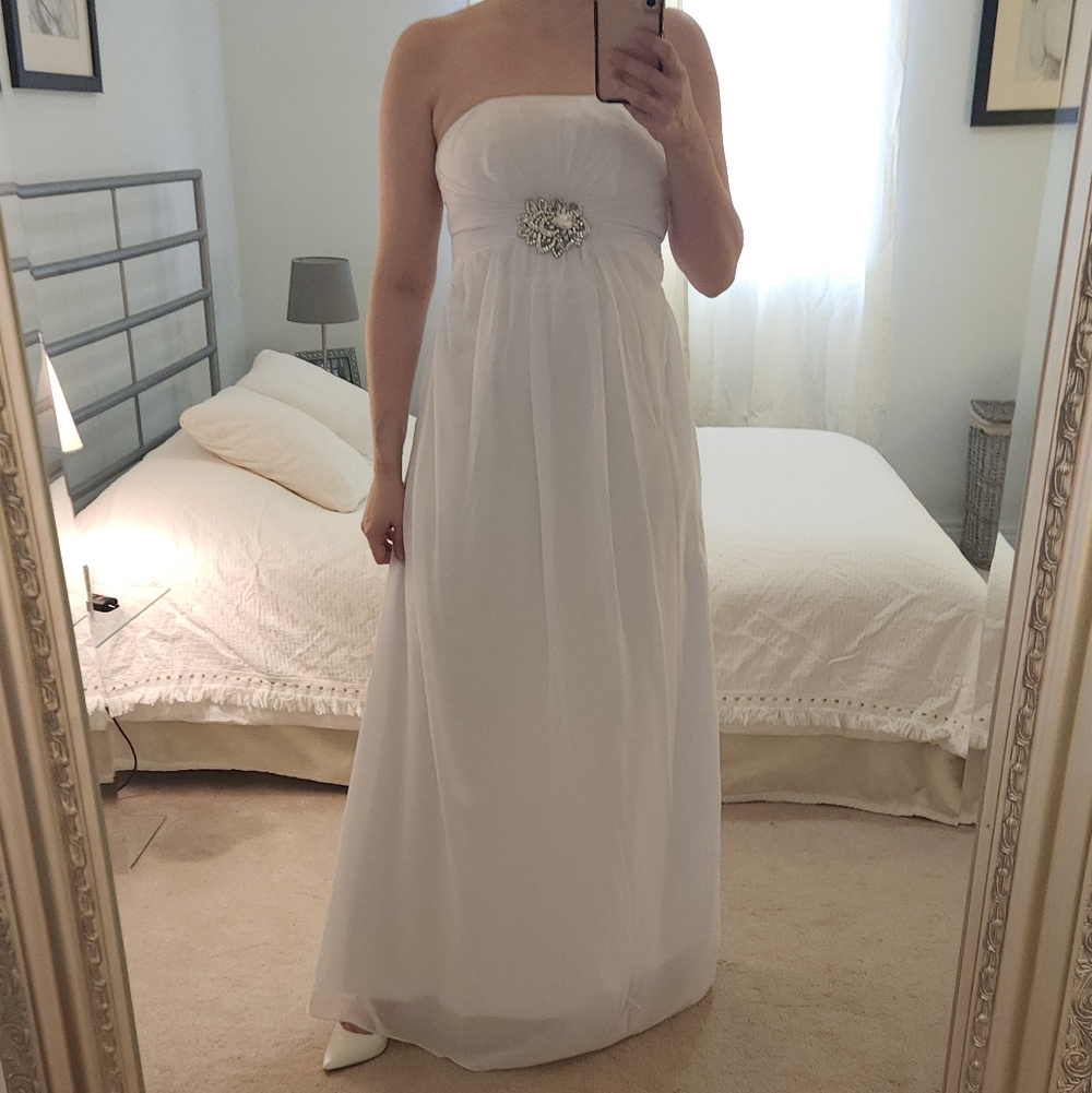 White Chiffon Strapless Wedding Dress With Empire Waist And Lace-Up Back